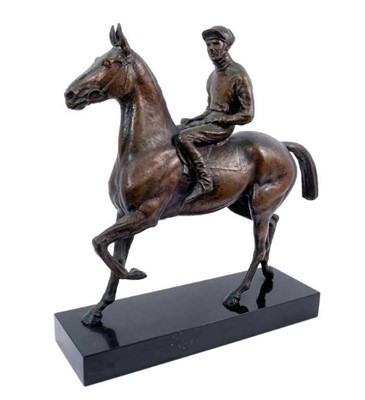 Lot 973 - Bernard Winskill (d. 1980) large bronze sculpture of Arkle with Pat Taaffe up, 50cm long, raised on black marble plinth, together with a certificate from the artist confirming purchase in 1966 for...