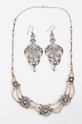 Lot 146 - Early 20th century silver simulated seed pearl necklace and pair ornate earrings