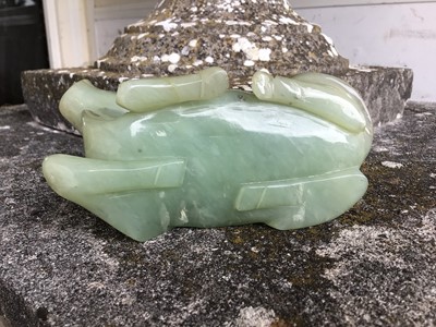 Lot 943 - Chinese jade or green hardstone carving, depicting a family of monkeys, utilising the colours in the stone, 3cm high, together with a pair of jade or green hardstone figures of reclining buffalo an...