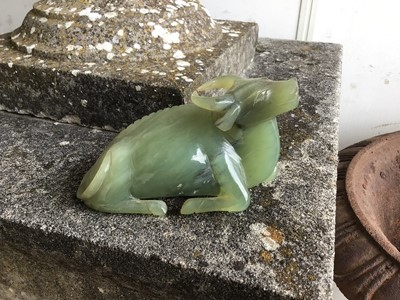 Lot 943 - Chinese jade or green hardstone carving, depicting a family of monkeys, utilising the colours in the stone, 3cm high, together with a pair of jade or green hardstone figures of reclining buffalo an...