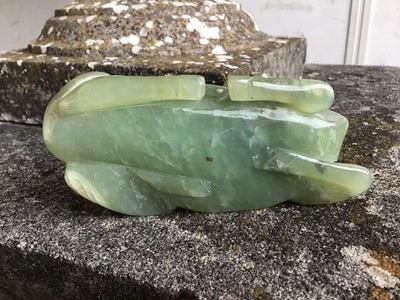Lot 943 - Chinese jade or green hardstone carving, depicting a family of monkeys, utilising the colours in the stone, 3cm high, together with a pair of jade or green hardstone figures of reclining buffalo an...