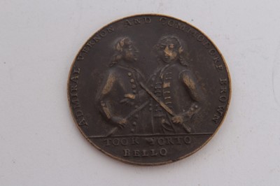 Lot 410 - G.B. - Brass medallion commemorating Capture of Portobello 1739 Obv: half length figures of Vernon, r, and Brown three quarters L., etc. with inscription: 'Admiral Vernon and Commodore Brown' Ex...