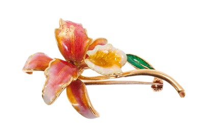 Lot 621 - 18ct gold and enamel orchid brooch