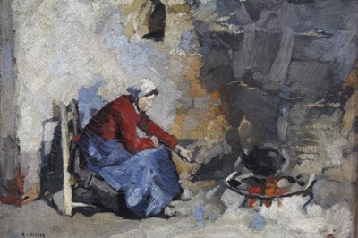 Lot 1234 - Emanualus Samson Van Beever (1876-1912) - oil on canvas - lady seated by a fire