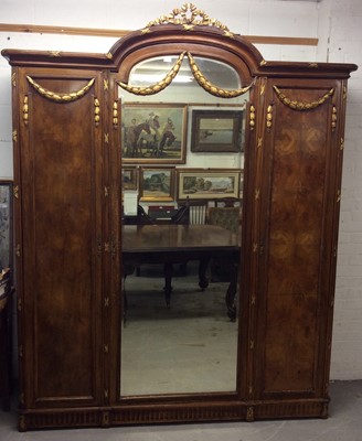 Lot 1364 - Fine quality early 20th century walnut and gilt heightened triple wardrobe