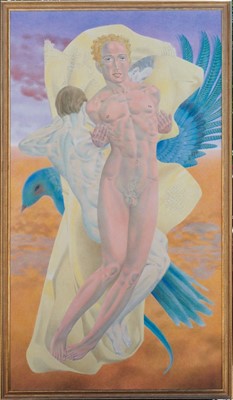 Lot 1284 - *Francis Plummer (1930-2019) large egg tempera on board - Male Nudes and the Blue Bird, initialled and dated '09, 243cm x 146cm, framed