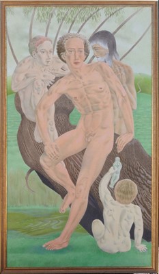 Lot 1281 - *Francis Plummer (1930-2019) large egg tempera on board - Male Nudes beneath a Tree, initialled and dated '10, 243cm x 146cm, framed