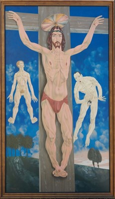 Lot 1282 - *Francis Plummer (1930-2019) large egg tempera on board - The Crucifixion, signed and dated '56, 243cm x 146cm, framed