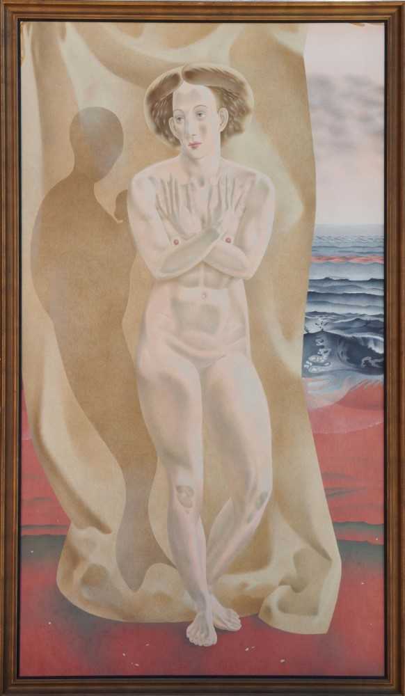 Lot 1285 - *Francis Plummer (1930-2019) large egg tempera on board - Female Nude in Landscape, signed and dated '65, 243cm x 146cm, framed