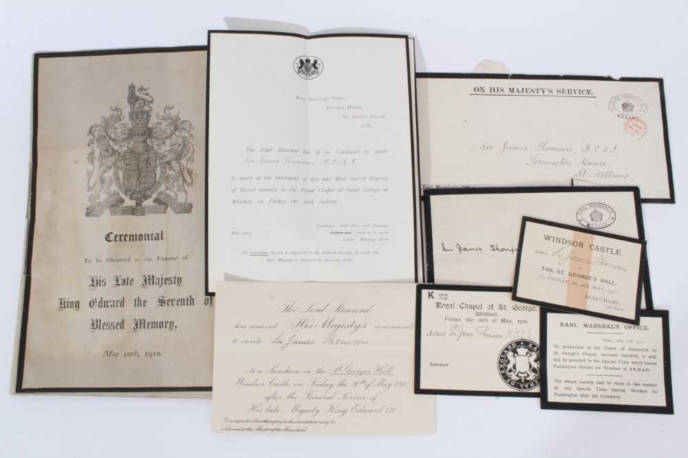 Lot 76 - The Funeral of H.M. King Edward VII, May 10th 1910, a group of ephemera sent to Sir James Thompson , K.C.S.I., The India Office, comprising letter from the Earl Marshall to invite Sir James to ass...