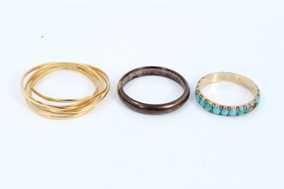 Lot 162 - Yellow metal five band interlocking ring, turquoise eternity ring and gold plated wedding ring
