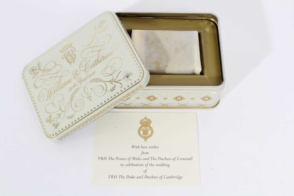 Lot 77 - The Wedding of The Duke and Duchess of Cambridge 29th April 2011, piece of wedding cake in original tin of issue with crowned WC Royal cipher and original card from The Prince of Wales and Duchess...