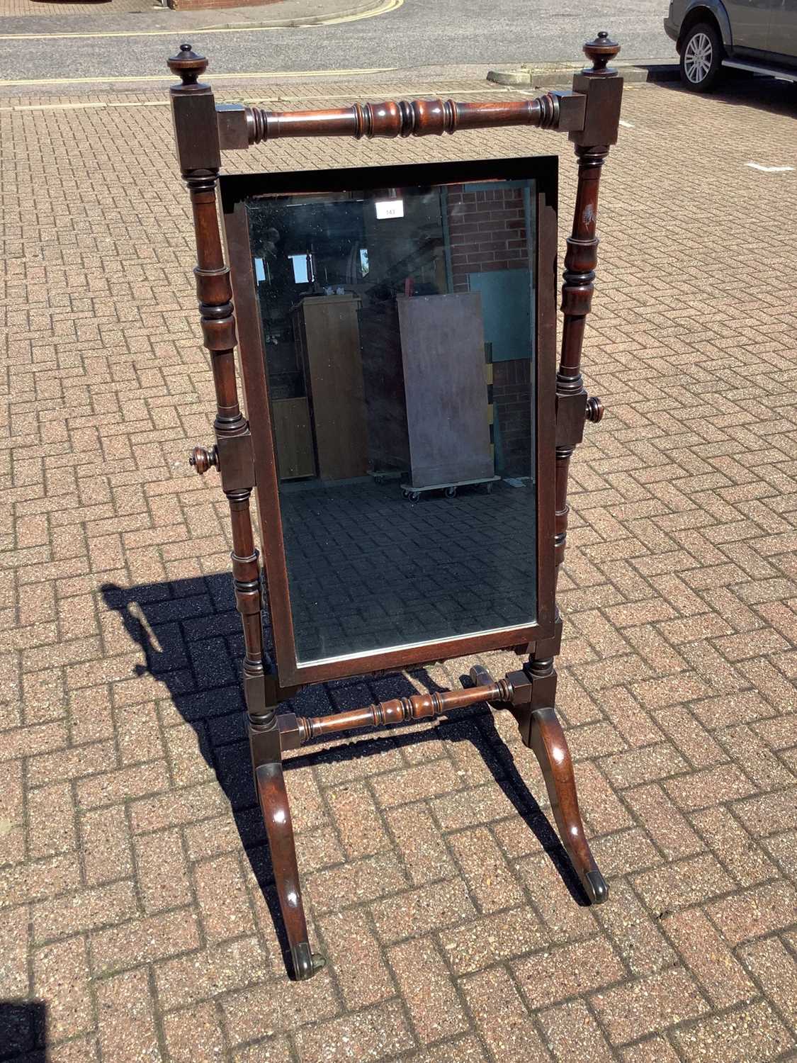 Lot 143 - Victorian mahogany framed cheval mirror with bevelled mirror plate and turned supports on splayed legs, 61.5cm wide x 146.5cm high