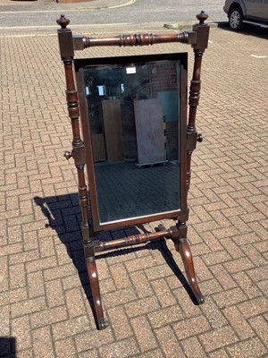 Lot 990 - Victorian mahogany framed cheval mirror with bevelled mirror plate and turned supports on splayed legs, 61.5cm wide x 146.5cm high