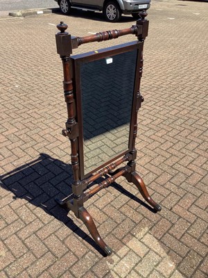Lot 990 - Victorian mahogany framed cheval mirror with bevelled mirror plate and turned supports on splayed legs, 61.5cm wide x 146.5cm high