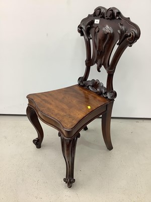 Lot 144 - Victorian mahogany hall chair with pierced carved shield shape back on cabriole front legs