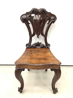 Lot 144 - Victorian mahogany hall chair with pierced carved shield shape back on cabriole front legs