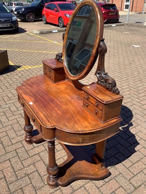 Lot 147 - Victorian mahogany dressing table with raised mirror back and drawers below on turned front legs joined by shaped stretcher, 121cm wide x 58cm deep
