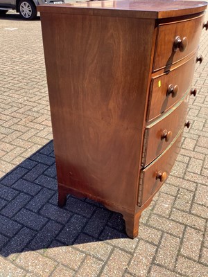 Lot 148 - 19th century inlaid mahogany bowfront chest of four long graduated drawers on splayed bracket feet, 100cm wide x 55cm deep x 108cm high