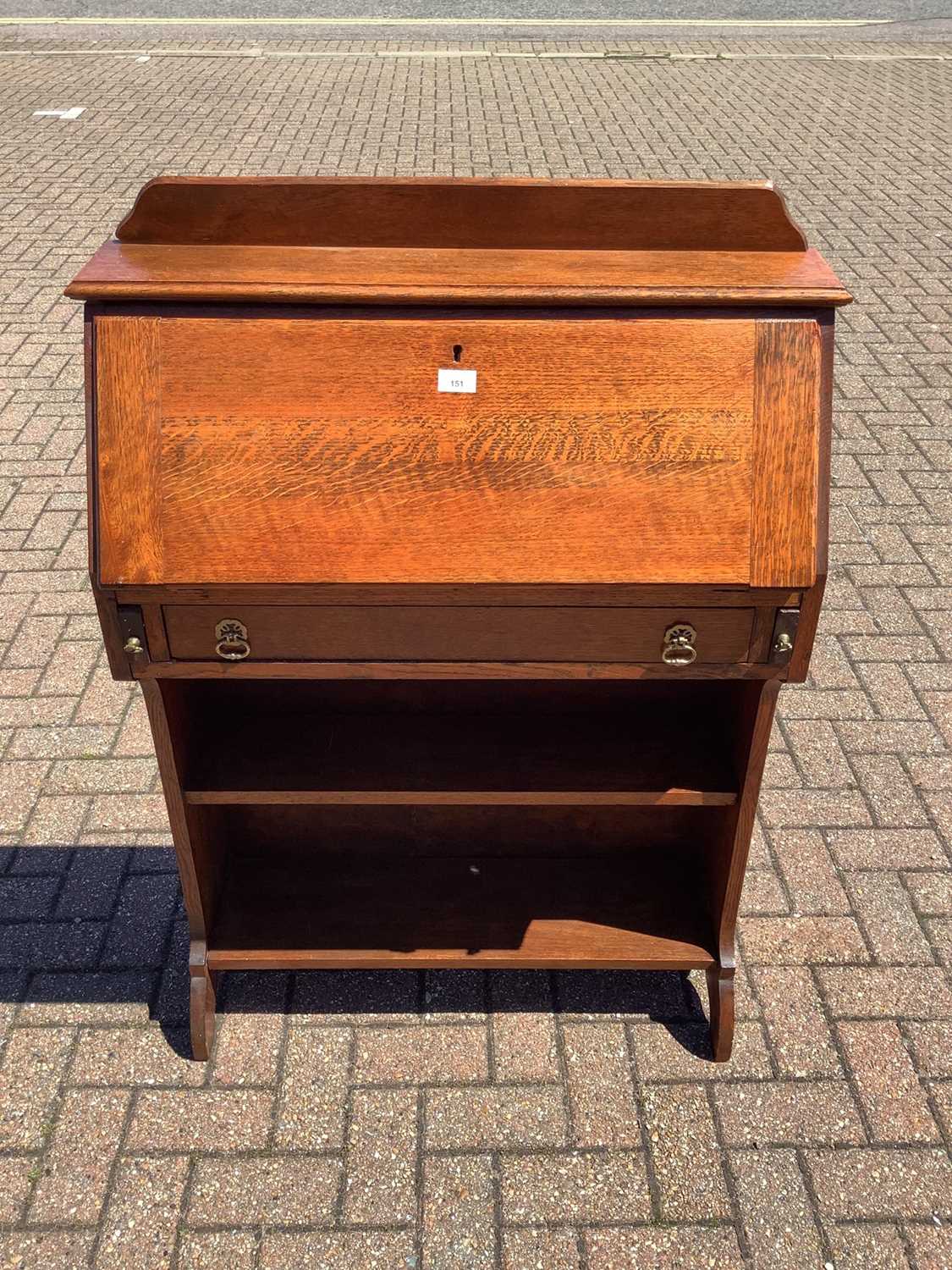 Lot 151 - Oak escritoire with fall front, drawer and open shelves below, 78cm wide x 27cm deep x 114cm high