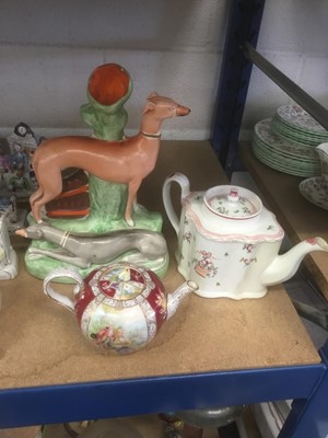 Lot 215 - Meissen porcelain teapot (cancelled mark so a 'second'), Newhall teapot, Staffordshire greyhound