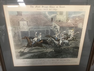 Lot 148 - Set of four prints of local interest - Henry Alken - The first steeplechase on record together with an Ipswich shipbuilding print and a prospect print of Ipswich after Buck