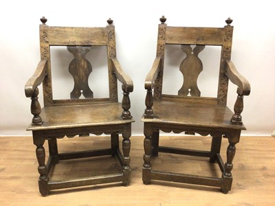 Lot 1519 - Pair of antique oak wainscot chairs, 17th century and later 
Provenance: removed from All Saints Church, Hitcham