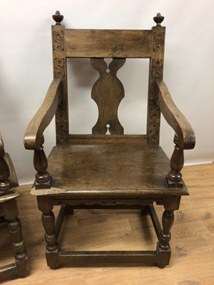 Lot 1519 - Pair of antique oak wainscot chairs, 17th century and later 
Provenance: removed from All Saints Church, Hitcham