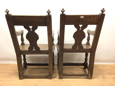 Lot 1519 - Pair of antique oak wainscot chairs, 17th century and later 
Provenance: removed from All Saints Church, Hitcham