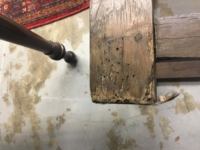 Lot 1519 - Pair of antique oak wainscot chairs, 17th century and later 
Provenance: removed from All Saints Church, Hitcham