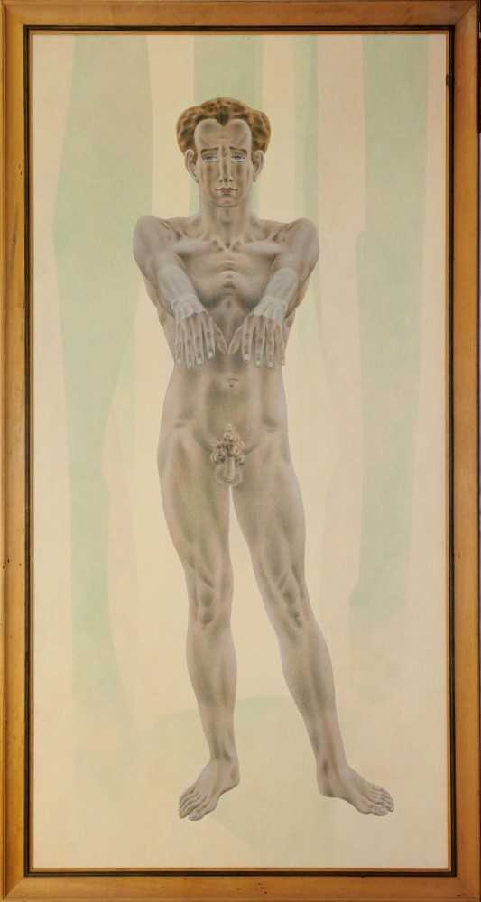 Lot 1288 - *Francis Plummer (1930-2019) large egg tempera on board - standing male figure, initialled and dated '82, framed, 243cm x 120cm