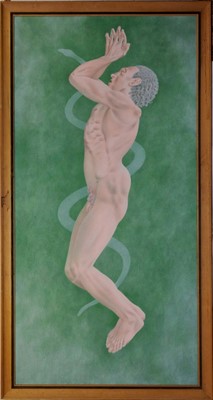 Lot 1290 - *Francis Plummer (1930-2019) egg tempera on board - male figure and serpent, initialled and dated '81, framed, 243cm x 120cm