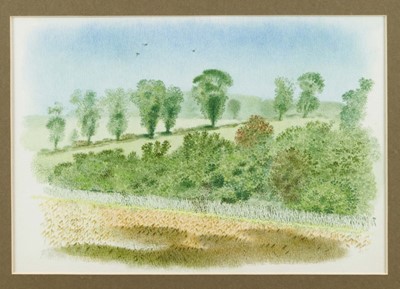 Lot 1277 - *Francis Plummer (1930-2019) watercolour - 'Sloping Tree Line In Summer', initialled and dated '81, 24cm x 35cm, in glazed frame