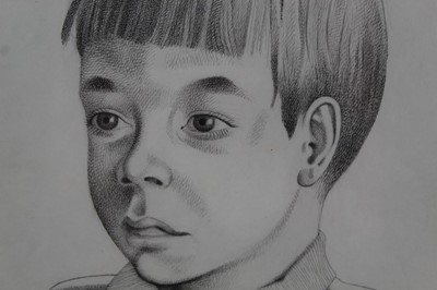 Lot 1275 - *Francis Plummer (1930-2019) pencil, pen and ink drawing - portrait of a young boy, signed and dated '67, 33cm x 24cm, in glazed gilt frame