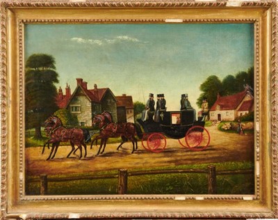 Lot 1209 - Attributed to James Pollard (1792-1862) oil on canvas - a stage coach and four, initialled J.P. verso, 45cm x 60cm, in gilt frame