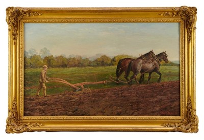 Lot 1210 - Frank Paton (1855-1909) oil on canvas - Autumn Ploughing, signed and dated 1890, 45cm x 75cm, in gilt frame  
Provenance: Burlington Paintings, London