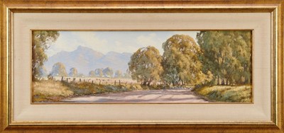 Lot 1271 - Gerard Mutsaers (b.1947) oil on board - The Road from Moyston, Grampians, signed, 24cm x 74cm, in gilt frame  
Provenance: George Styles Gallery, Sydney, May 1991 p