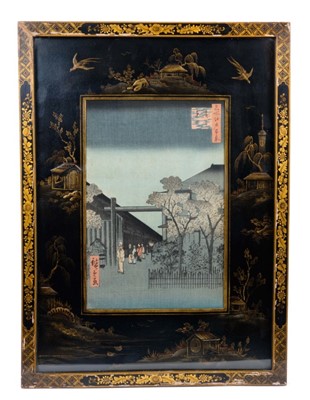 Lot 990 - Beautifully presented Meiji period Japanese woodblock print in 1920s chinoiserie frame