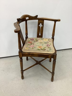 Lot 176 - Edwardian corner chair with tapestry seat on turned legs joined by X frame stretchers