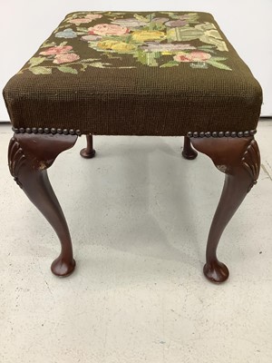 Lot 178 - Good quality mahogany stool with floral tapestry seat on cabriole legs with shell knees, 52cm wide x 40cm deep x 45cm high