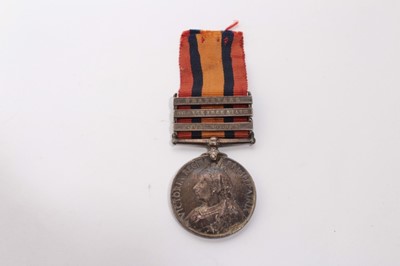 Lot 822 - Queen's South Africa medal with three clasps- Cape Colony, Orange Free State and Transvaal, named to 6217 Pte. W. McDonald. Derby. Regt.