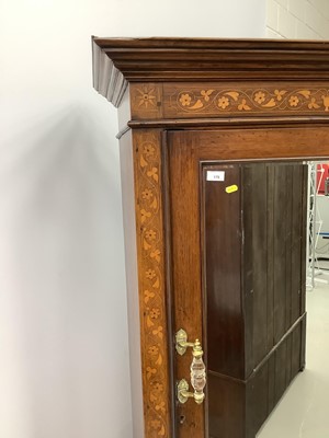 Lot 179 - 19th century mahogany wardrobe with floral marquetry inlaid decoration and bevelled glazed door with drawer below on carved paw front feet, 105cm wide x 52cm deep x 198cm high