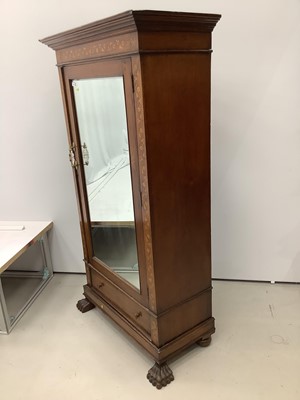 Lot 179 - 19th century mahogany wardrobe with floral marquetry inlaid decoration and bevelled glazed door with drawer below on carved paw front feet, 105cm wide x 52cm deep x 198cm high