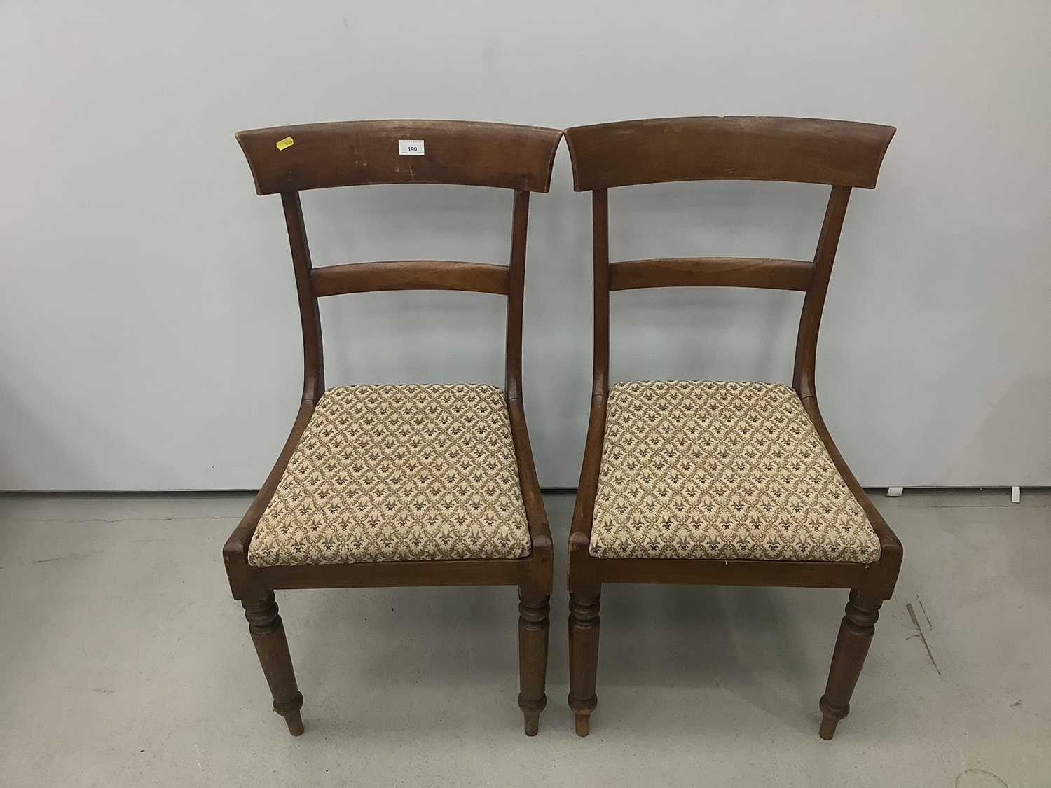 Lot 190 - Pair of antique mahogany bar back dining chairs with drop in seats on turned front legs.