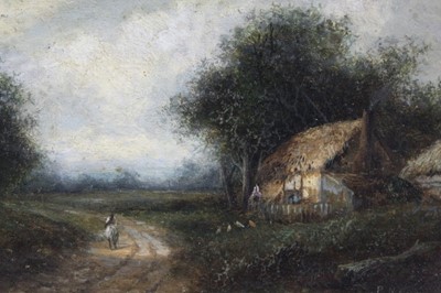 Lot 1226 - Manner of Patrick Nasmyth, 19th century oil on panel - figure in a lane beside a thatched cottage, signed, 19cm x 29cm, in glazed gilt frame