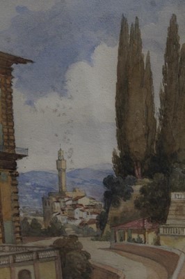 Lot 254 - English School, 19th century, watercolour - 'Palazzo Vecchio & part of the Pitti Palace from the Baboli Gardens, Florence, 1st March 1864', inscribed, 30cm x 19cm, in glazed frame