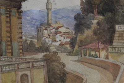 Lot 61 - English School, 19th century, watercolour - 'Palazzo Vecchio & part of the Pitti Palace from the Baboli Gardens, Florence, 1st March 1864', inscribed, 30cm x 19cm, in glazed frame