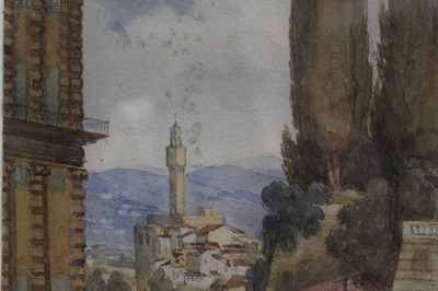 Lot 254 - English School, 19th century, watercolour - 'Palazzo Vecchio & part of the Pitti Palace from the Baboli Gardens, Florence, 1st March 1864', inscribed, 30cm x 19cm, in glazed frame