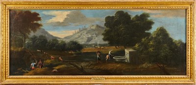 Lot 1229 - Attributed to Marco Ricci (1676-1727) oil on canvas - figures and livestock in extensive landscape, 40cm x 101cm, in gilt frame 
Provenance: Thomas Agnew & Sons