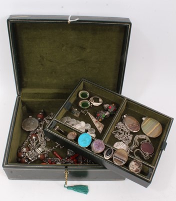 Lot 181 - Green leather jewellery box containing silver and other jewellery